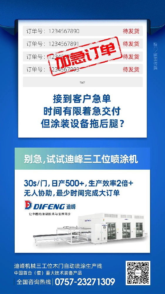 迪峰三工位木門自動噴涂生產線 ，最快30秒噴一扇門，無人協助，最少時間完成大訂單